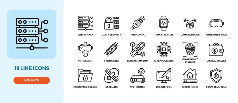 Set of eighteen line icons representing modern technology digital devices and data security concepts