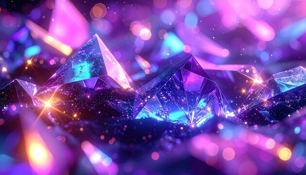 Gemme e cristalli viola e blu scintillanti su sfondo bokeh neon