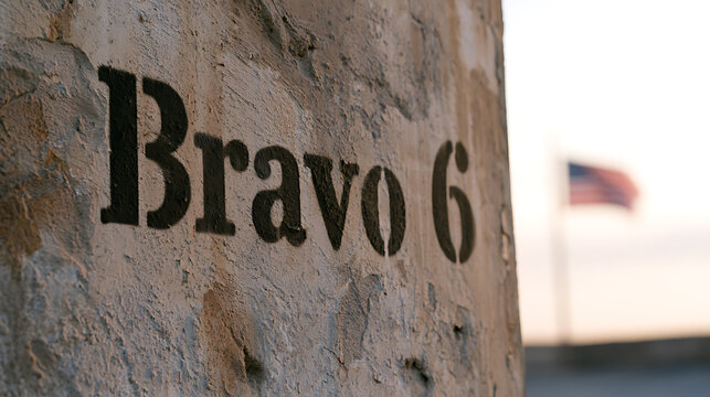 Military stencil text on a weathered concrete wall outdoors with a blurred flag symbol in background representing defense concept and duty
