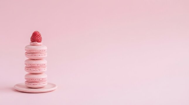 Stack of pink macarons with fresh raspberry on plate over pink background. French dessert and sweet pastry. Confectionery, bakery and cafe menu concept with copy space.