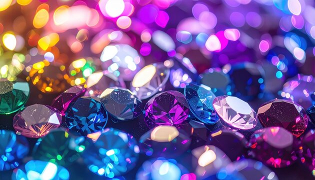 Gemme e cristalli viola e blu scintillanti su sfondo bokeh neon