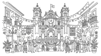 Fototapeta premium Festive cultural parade in a Latin American colonial town square with musicians and dancers