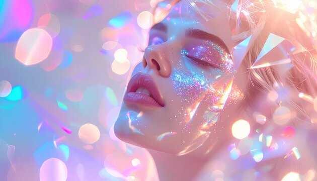 Ritratti artistici con trucco olografico e riflessi di luce prismatici