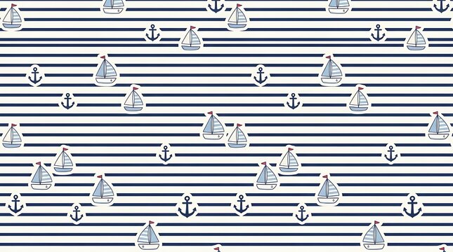 Nautical stripes pattern background with blue anchors and sailing boats icons for marine themed nursery decor or summer holiday design.