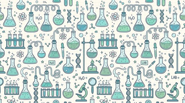 Science lab equipment seamless pattern displays glass flasks beakers and microscopes for chemistry education and laboratory research designs.