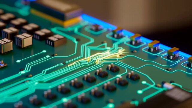 Glowing cyan and yellow lines travel across a detailed green circuit board, following branching electronic pathways between small components in a close-up technology view