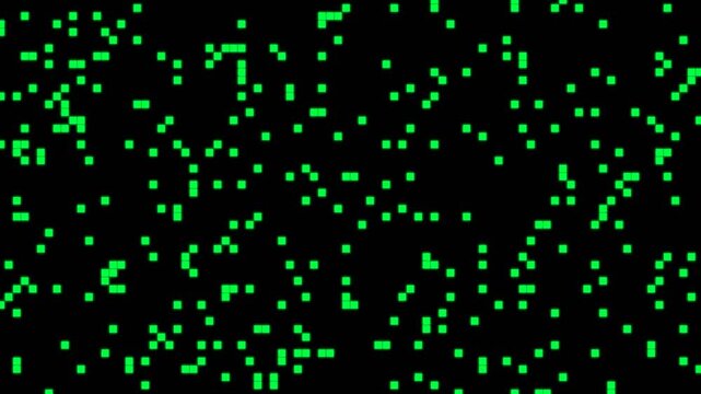 Abstract digital pattern of scattered green pixels on a dark black background, resembling a retro computer screen or matrix code.