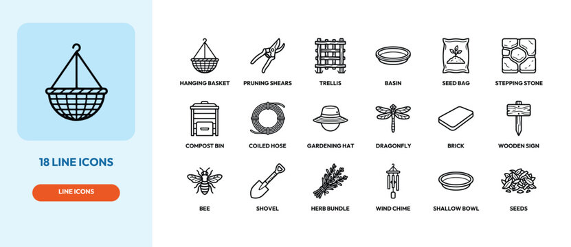 Set of gardening icons showing tools and nature elements in a simple black line sketch style