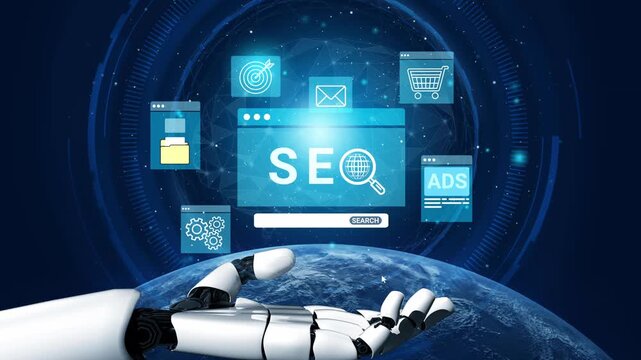 Futuristic Robotic Hand Interacting with SEO Digital Elements and E-commerce Icons in a Virtual Space Over Globe Background. Entropy.