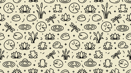 Obraz premium Seamless pattern with pond life elements, including frogs, lotus flowers, lily pads, dragonflies, and cattails in a minimalist black line art style on a beige background.