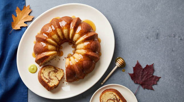Bundt cake with honey and fall leaves on a textured surface  