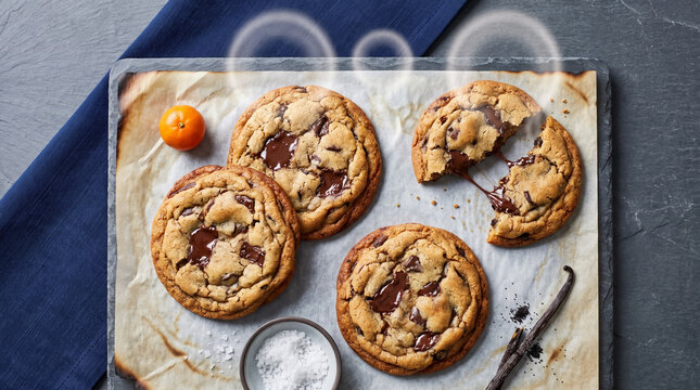 Freshly baked chocolate chip cookies on a baking tray with orange  