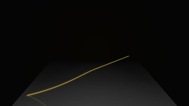 A minimalist abstract image featuring a thin, golden, slightly curved line reflecting on a dark, glossy surface against a black background.