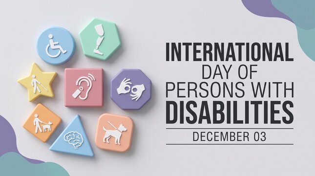 International day of persons with disabilities december 03 with various disability icons on pastel colored blocks over white background.