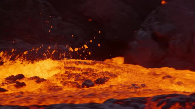 Molten lava surges and splashes across dark volcanic rock, glowing bright orange as fluid currents roll around black crust and scattered stones in a close natural view