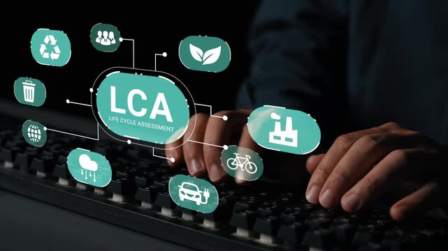 Hands typing on keyboard with digital icons representing Life Cycle Assessment, sustainability, and environmental impact in a modern workspace setting Gluon.