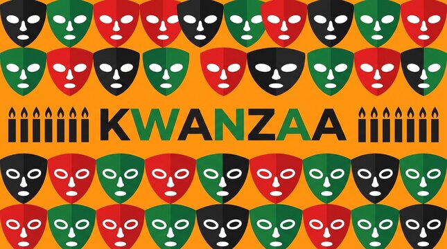 Kwanzaa celebration pattern with masks and candles on orange background, red black green colors.