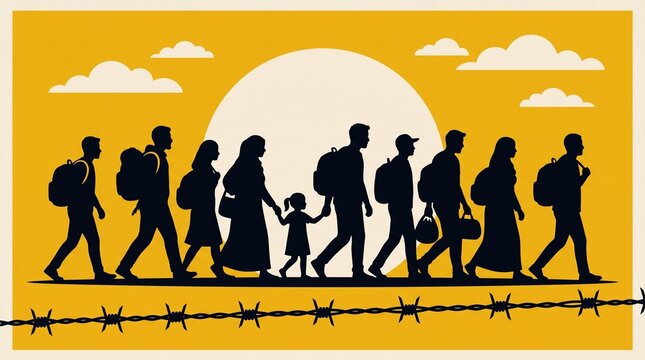 International migrants day illustration showing a group of migrant silhouettes walking past barbed wire towards a large sun symbolizing resilience and journey.