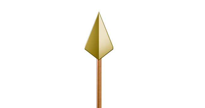 Spear golden metallic sharp pointed upwards in a transparent background