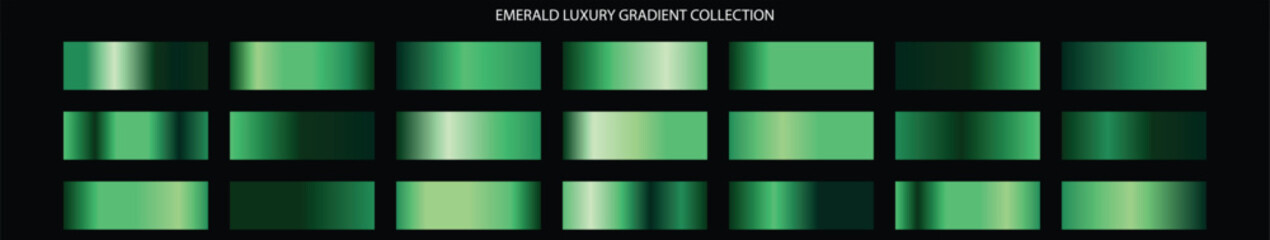Emerald luxury gradient collection with 21 green metallic swatches. Premium emerald green gradients for jewelry branding. Elegant forest green palette for graphic design. © deesignvalue