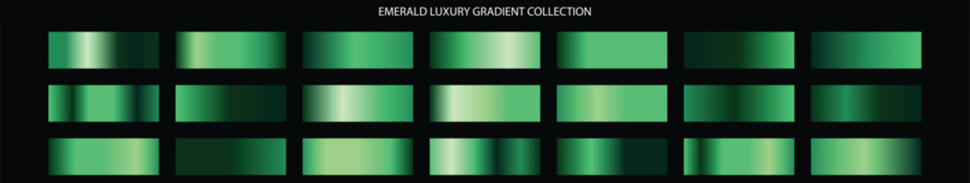 Emerald luxury gradient collection with 21 green metallic swatches. Premium emerald green gradients for jewelry branding. Elegant forest green palette for graphic design.