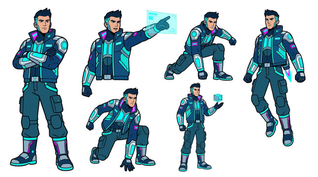 A male character wearing futuristic armor and neon gear displays multiple heroic action poses while interacting with high technology gadgets in a series of dynamic configurations for gaming