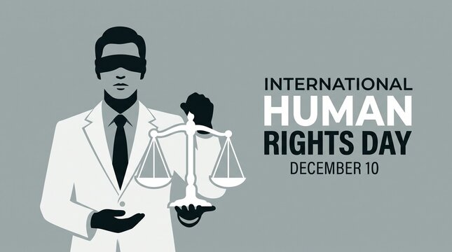 international human rights day december 10 illustrated with blindfolded man holding scales of justice symbolising law and fairness for legal awareness and advocacy campaigns.