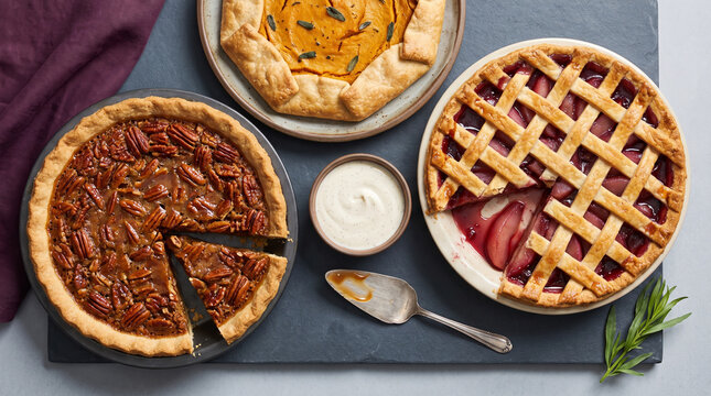 Seasonal pie selection on a slate serving board with cream  