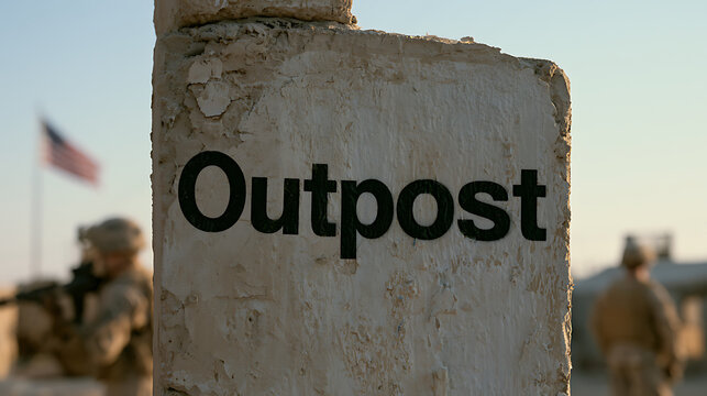 A white sign with the word Outpost written on it stands proudly in a desert military base camp with soldiers and a flag visible behind