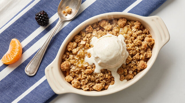 Apple crumble dessert with ice cream and berries on a table  