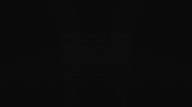 Minimalist black background with a subtle, dark grid pattern receding into the distance, creating an abstract, empty, and mysterious digital space.