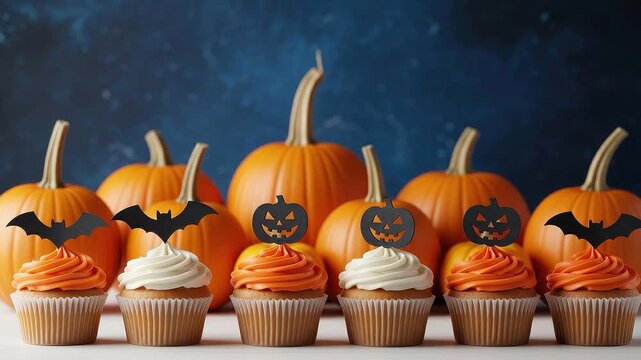 A seamless pattern halloween cupcakes with pumpkin background