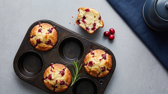 Muffin tin with cranberry muffins and fresh cranberries on the side  
