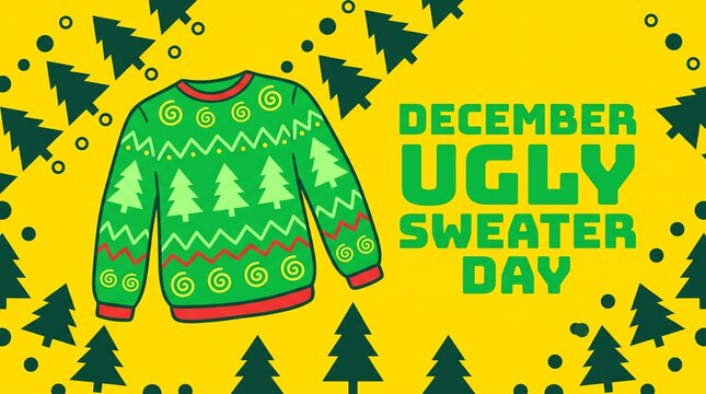 Green knitted christmas sweater with pine tree patterns and yellow background features bold text announcing december national ugly sweater day celebration event.