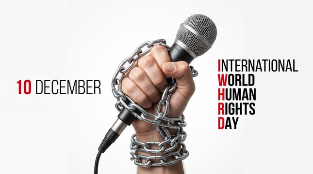 Hand wrapped in heavy metal chains clenches microphone to signify struggle for freedom of speech on international world human rights day tenth of december event.