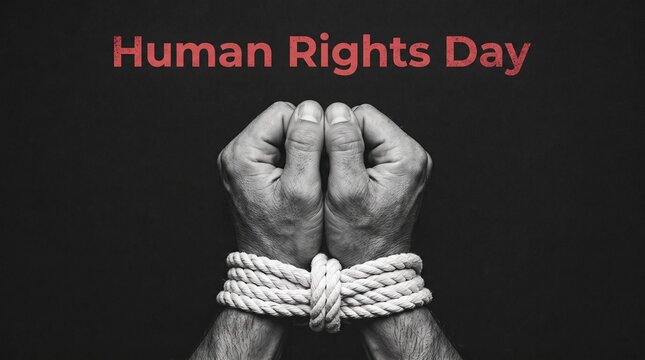 Human rights day concept with black and white hands tied with rope isolated on dark background, showing oppression and lack of freedom.