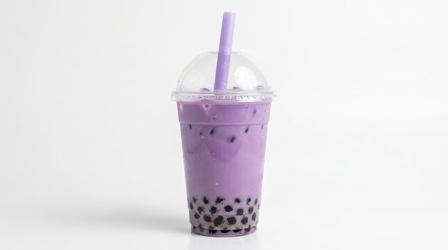 Purple taro bubble tea with black tapioca pearls, ube milk tea in plastic takeaway cup, refreshing boba drink on white background