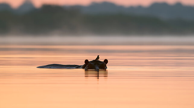 Hippopotamus, Hippopotamus amphibius, swimming in calm water at sunrise with an oxpecker bird perched on its head in the wild
