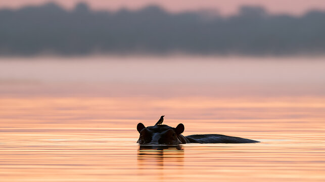 Hippopotamus hippopotamus amphibius and oxpecker bird silhouette swim in calm water during sunrise with pink sky and distant horizon
