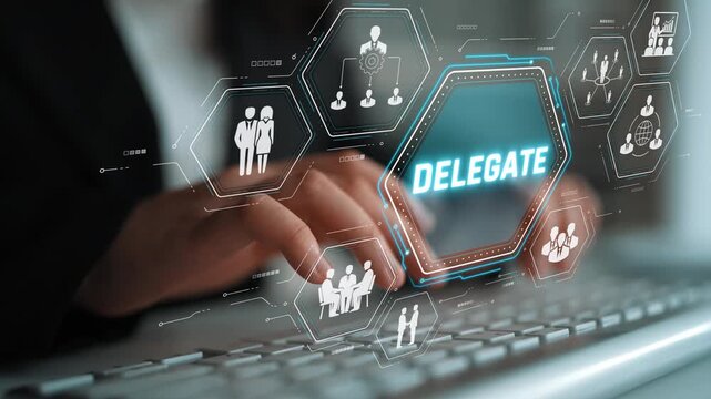 Business Professional Hands Typing on Keyboard with Digital Interface Showcasing Delegate Concept in Modern Office Setting Sigmoid