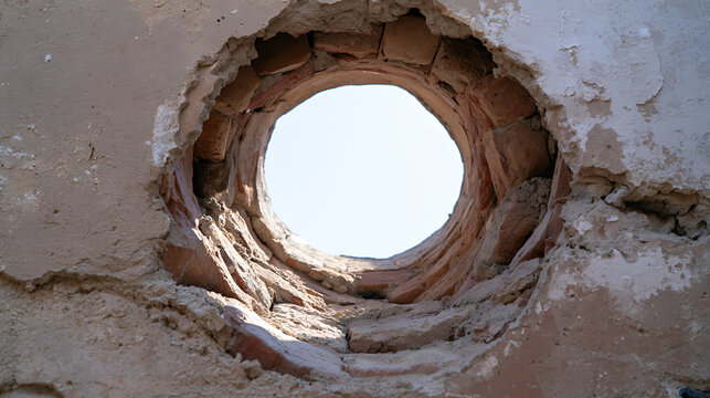 A circular window opening in a weathered old ruin wall with exposed red bricks and plaster peeling off revealing a bright clear blue sky