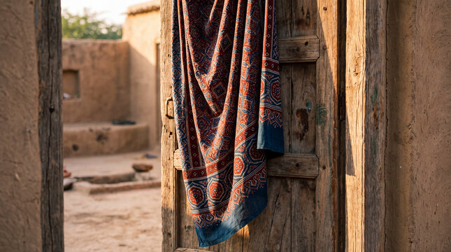 Traditional ajrak fabric hanging on an old wooden door in a rural mud house courtyard.