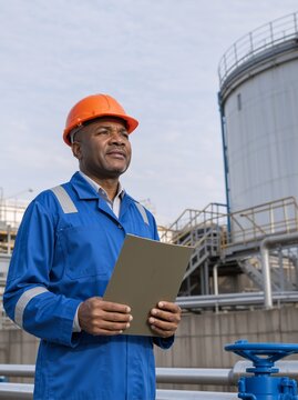 African American male engineer holding clipboard at an industrial plant. Black worker in blue jumpsuit and orange hard hat at a refinery. Professional supervisor portrait