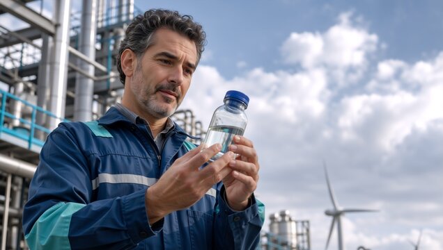 Male engineer examining water sample in glass bottle at industrial plant. Quality control technician testing liquid outside factory with wind turbine
