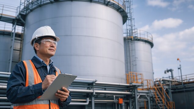 East Asian male engineer writing on clipboard at a petrochemical plant. Asian inspector in white hard hat and safety vest at a refinery. Industrial quality control concept