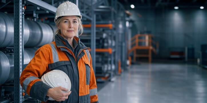 Mature female engineer smiling in a modern industrial warehouse. Woman worker in orange safety jacket and white hard hat. Professional portrait of a factory supervisor
