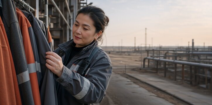 Asian female worker selecting work jackets from an outdoor rack. Professional woman in grey uniform with walkie talkie at industrial site