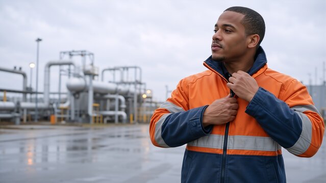 Black male industrial worker adjusting high visibility jacket at refinery. African American engineer in safety uniform standing outdoors at manufacturing plant