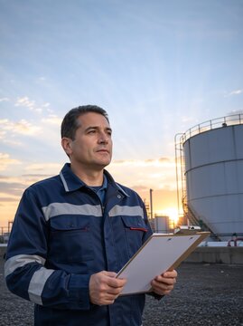 Male industrial inspector holding clipboard at sunset. Middle aged engineer in blue uniform conducting safety check at manufacturing plant during golden hour
