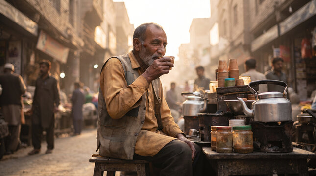 Elderly street vendor seated outdoors in bustling old city square during golden hour, illuminated by warm sunlight with steam rising from metal pots.